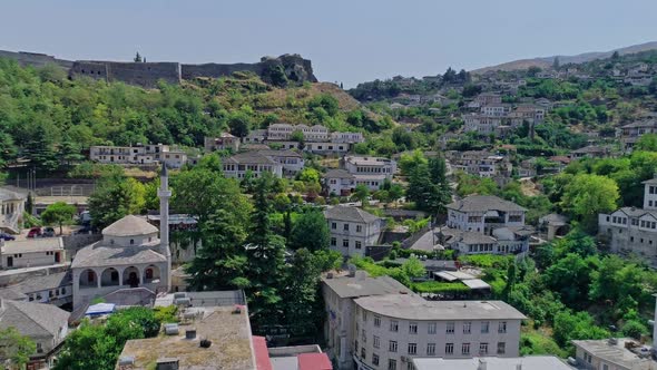 Aerial Drone View of Old Fortress and Clock Tower in Gjirokaster Albania