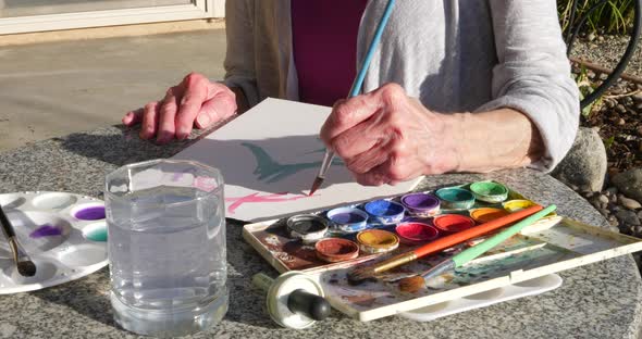 An elderly woman artist painting with watercolors to relieve stress and relax in an outdoor art stud