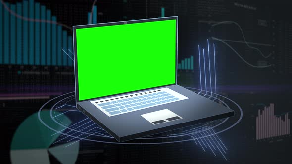 Green screen placeholder on animated laptop / notebook symbol against technical background with grap alt