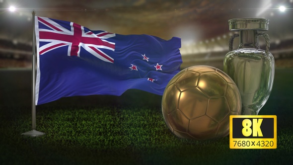 8K New Zealand Flag with Football And Cup Background Loop