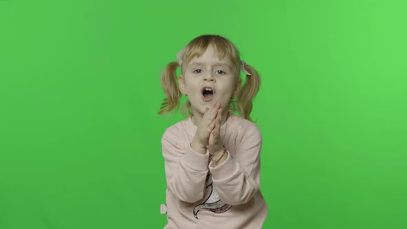 Girl in Unicorn Sweatshirt Dancing. Happy Four Years Old Child. Chroma Key