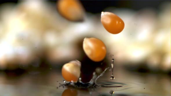 Super Slow Motion Popcorn Grains Fall Into the Oil