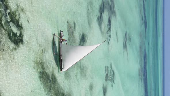 Vertical Video Boats in the Ocean Near the Coast of Zanzibar Tanzania Aerial View