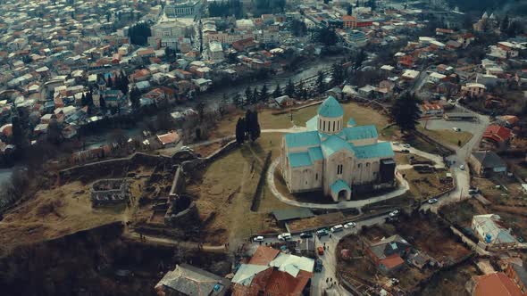 Aerial view of Kutaisi cityscape at sunset in Georgia. Drone footage of the Kutaisi city center, whi