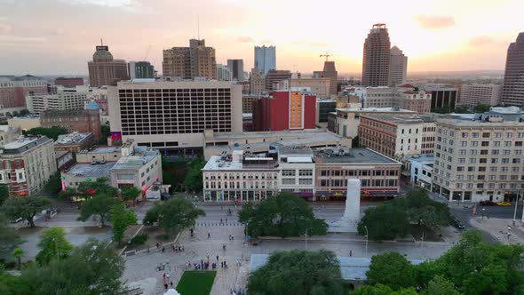 Alamo Plaza in San Antonio Texas. Famous top tourist attraction in TX. Aerial truck shot.