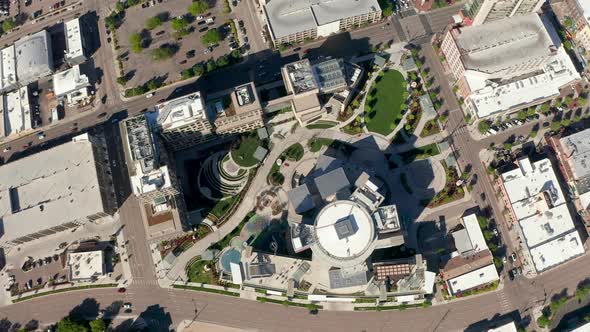 Drone shot panning over Jack's Urban Meeting Place in Boise, Idaho.