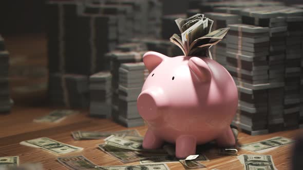 Cute pink piggy bank stuffed with dollars and surrounded by piles of money. 4KHD