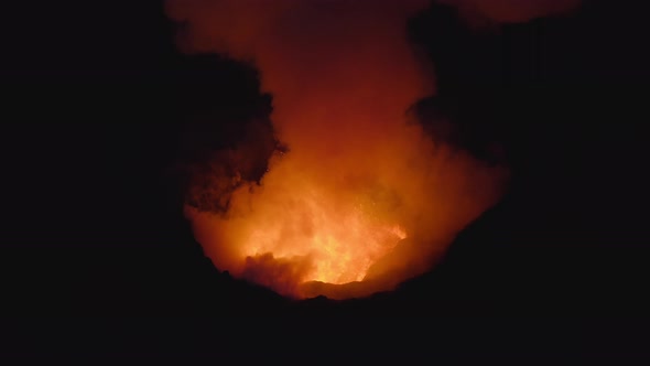 Drone Of Volcano Erupting With Smoke And Molten Lava