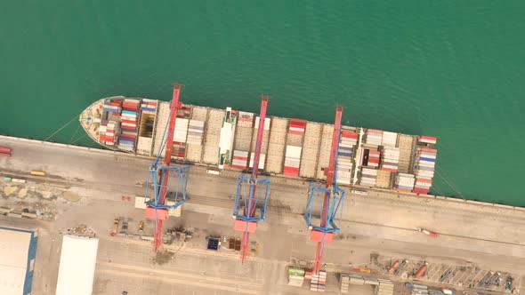 Aerial view of colourful container ship at Malage Port, Spain