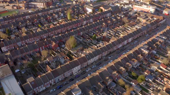 Terraced Working Class Housing in Luton Aerial View at Sunset
