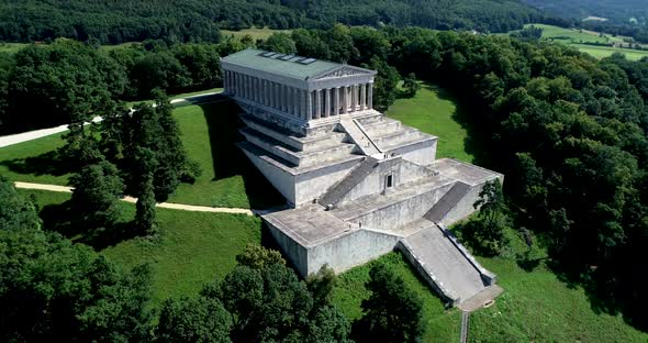 Beautiful drone video above the monument of Walhalla.