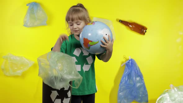 Girl Activist Makes Earth Globe Free From Plastic Package. Reduce Trash Pollution. Save Ecology