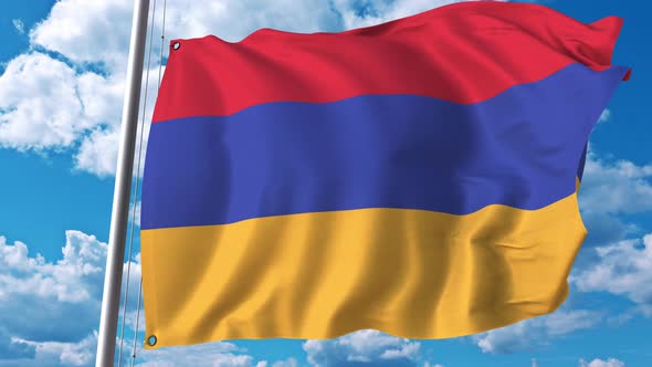 Many Waving Flag of Armenia on Sky Background