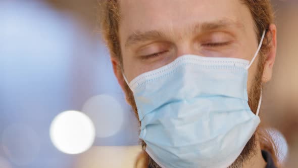 Closeup Caucasian Young Male Patient Doctor Hipster Guy Wearing Medical Mask Wears Respirator Waving