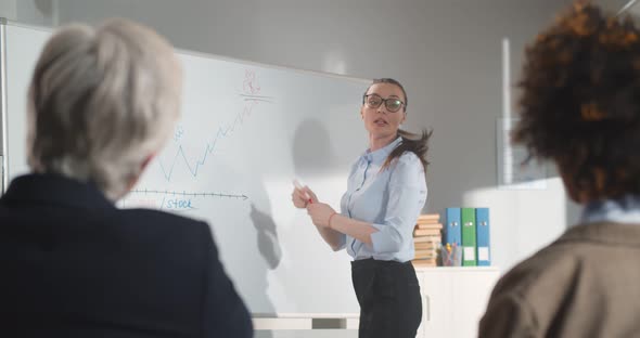 Young Female Manager Explaining Analysis at Business Presentation to Group of Colleagues