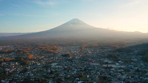 Aerial view 4k video by drone of Mount Fuji at Kawaguchi