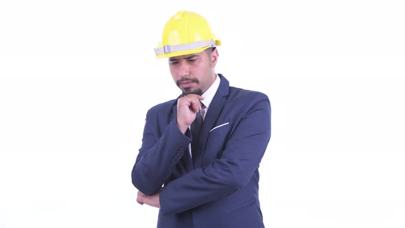 Stressed Bearded Persian Businessman As Engineer Thinking
