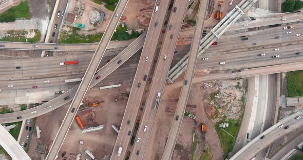 Birds eye view of traffic on 610 and 59 South freeway in Houston, Texas