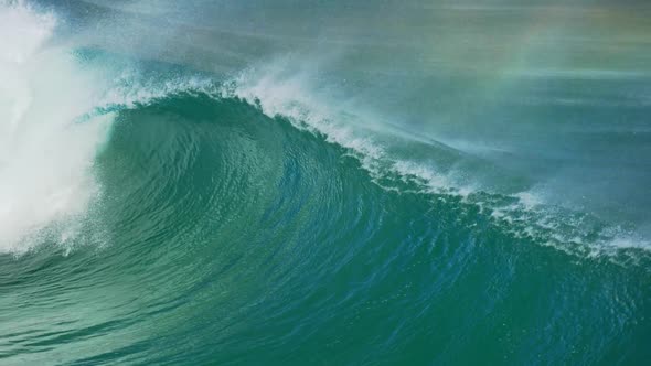 Rolling Turquoise Blue and White Surf Crushing. Massive Big Ocean Wave. Slow Motion