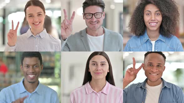 Collage of Multiple Race People Showing Victory Sign