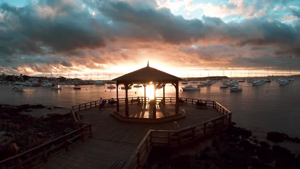 Waterfront pavilion overlooking harbor at sunset, Punta del Este, Uruguay