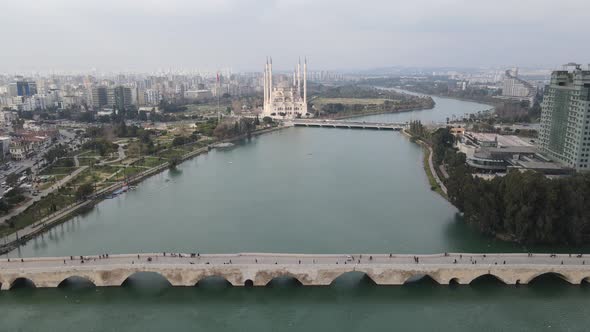 Aerial View of Stone Bridge in Adana Turkey