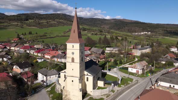 Aerial view of the church in the village of Svedlar in Slovakia