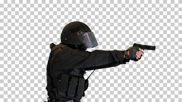 Swat agent running and aiming with a gun, Alpha Channel