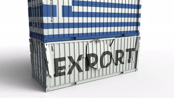 Container with Flag of Greece Breaks Container with EXPORT Text