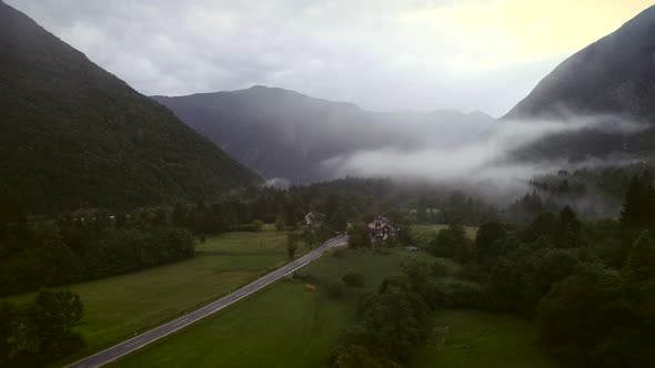 Aerial view of misty valley in the Soca region in Slovenia.