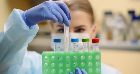 Scientist Holding Tubes at Laboratory in Molecular Biotechnology Laboratory alt
