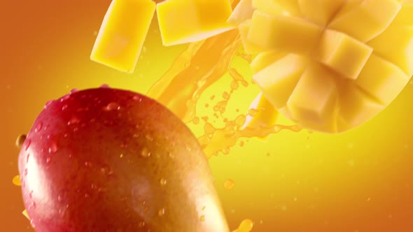 Mango with Slices Falling on Orange Background