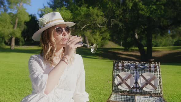 Woman on Picnic in Green Park Girl in Sunglasses Enjoys Champagne on Sunny Day