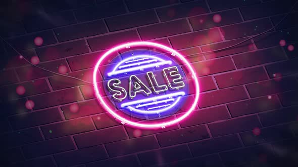 Neon sale symbol on dark brick wall glowing font mockup