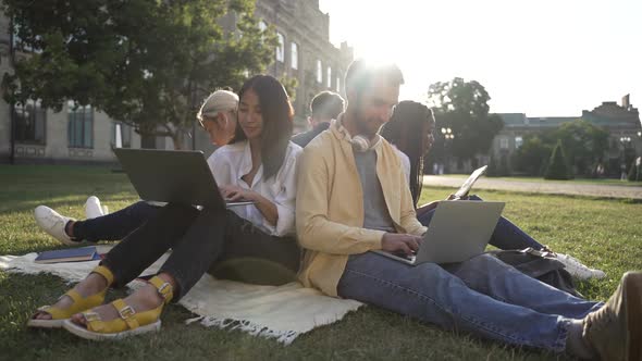 Multinational Classmates Studying on Campus Lawn