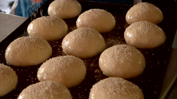 Female Baker Is Spreading Sesame on Dough