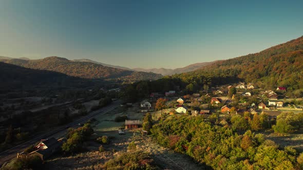 Aerial Landscape of Ukrainian Mountain Village in Carpathians Western Ukraine