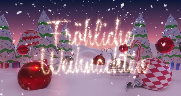 Animation of Japanese Christmas message written in shiny letter on snowy landscape alt