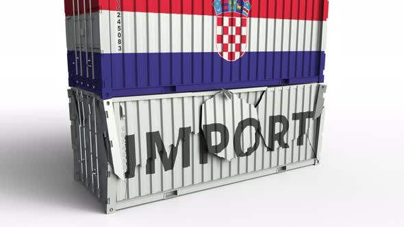 Container with Flag of Croatia Breaks Container with IMPORT Text alt