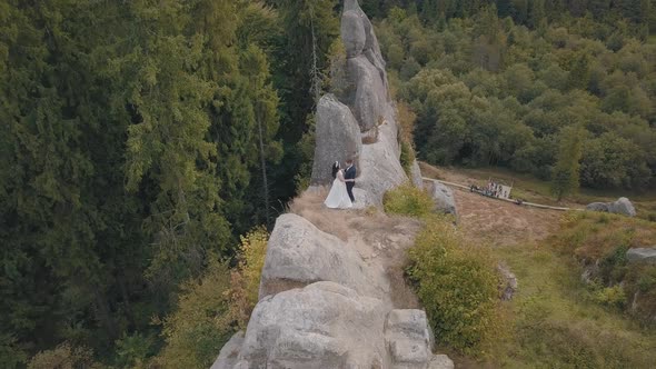 Newlyweds Stand on a High Slope of the Mountain. Groom and Bride. Aerial View