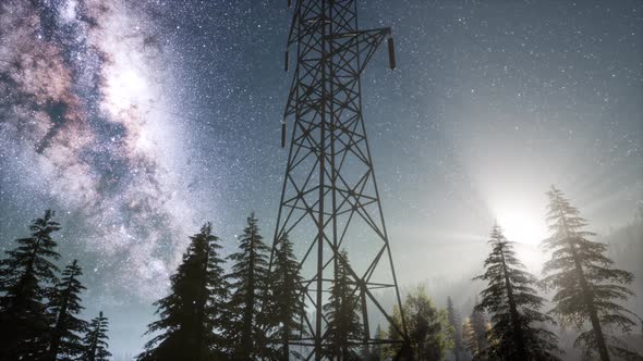 High-voltage Power Lines on the Background of the Starry Sky