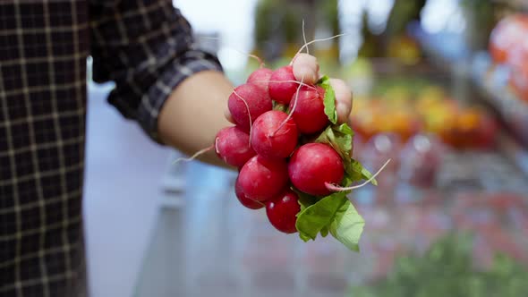 Man Choosing Radishes at Greengrocery