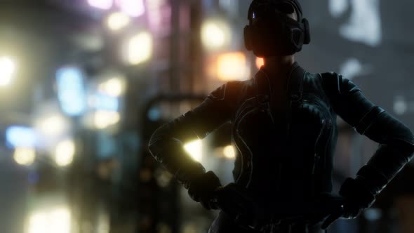 Futuristic Cyberpunk Style Young Woman with Neon Bokeh Lights