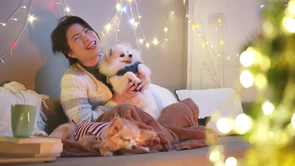 happiness joyful christmas holiday moment with asian cheerful female leisure relax