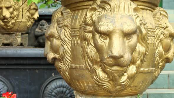 DAMBULLA, SRI LANKA - FEBRUARY 2014: The view of a decorative lion vase at Golden Temple of Dambulla