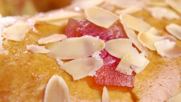 Baked Roscon de Reyes with fruits and nuts. Traditional kings day bread. Epiphany cake