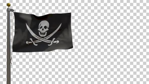 Pirate Flag of Jack Rackham / Jolly Roger on Flagpole with Alpha Channel - 4K