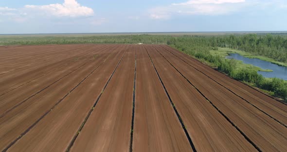 Peat Extraction Harvesting Fields Aerial View