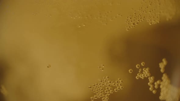 Close-up of beer bubbles in a transparent glass