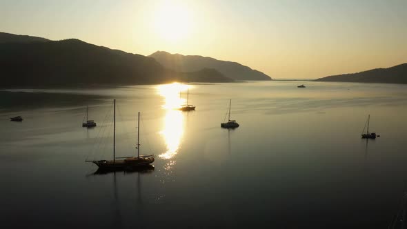 Aerial Drone View of Calm Sea Bay with Parked Boats